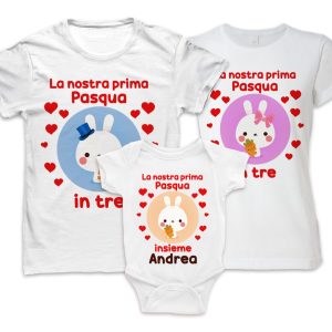 Tris Magliette e Body Neonato Pasqua – Nome Personalizzabile – La nostra Prima Pasqua Insieme – 3 – Coniglietto Pasquale – Mamma Papà Bimbo