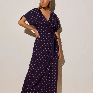 Ysabel Mora vestito lungo blu a portafoglio