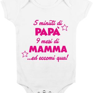 Body Neonato Divertenti – Femminuccia 5 minuti di Papà, 9 mesi di Mamma…ed eccomi qua! – Body Neonato Simpatici – Body Neonato Divertenti – Idea Regalo Neonato