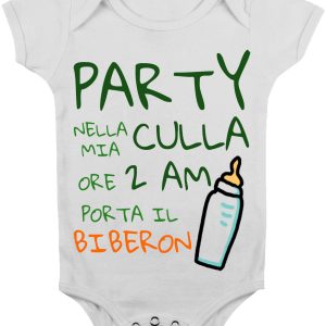Body Neonato Divertente – Party nella Mia Culla ore 2 AM – Porta il Biberon – Divertente – Neonato – Abbigliamento per Neonato – Idee Regalo per Neonati