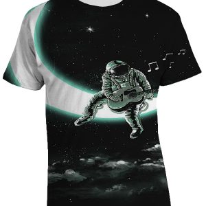 Tshirt Manica Corta Astronauta Musica sulla Luna  – Man in the moon – guitar – Maglietta Uomo Donna