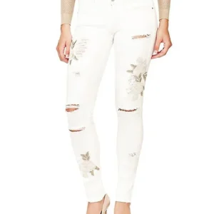 Guess Pantalone donna con strappi e fiori ricamati W82A27D2G64