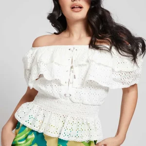 Guess top donna bianco intrecciato sul davanti.